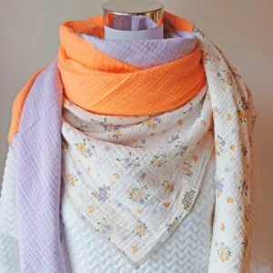 XXL Musselintuch „Blumen" Lila, Beige, Orange - Handgenäht