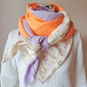 XXL Musselintuch „Blumen" Lila, Beige, Orange - Handgenäht