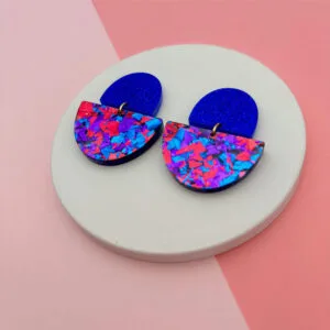 Maxi-Ohrringe „Halbkreise", Blau, Magenta, Glitzer